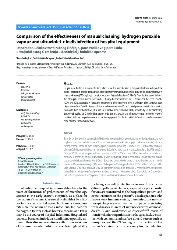 Comparison of the effectiveness of manual cleaning, hydrogen peroxide vapor and ultraviolet-c in disinfection of hospital equipment