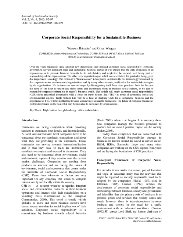 (PDF) Corporate Social Responsibility for a Sustainable Business