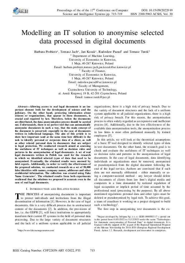 Modelling an IT solution to anonymise selected data processed in digital documents