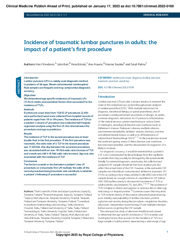 (PDF) Incidence of traumatic lumbar punctures in adults: the impact of ...