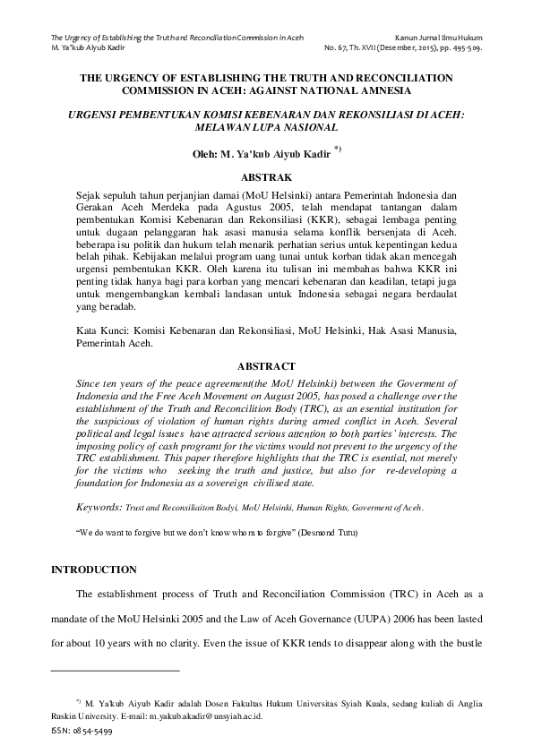 (PDF) The Urgency of Establishing the Truth and Reconciliation ...