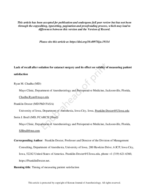 (PDF) Lack of recall after sedation for cataract surgery and its effect ...