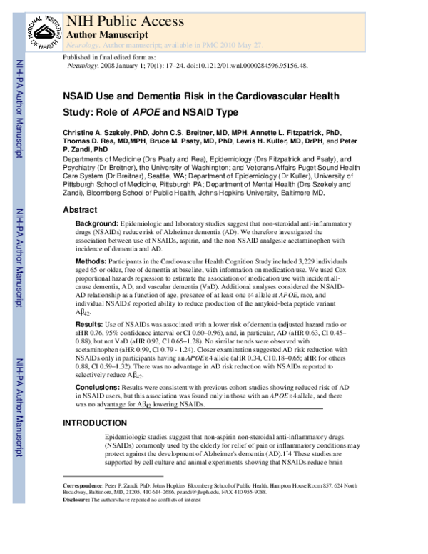 (PDF) NSAID use and dementia risk in the Cardiovascular Health Study ...