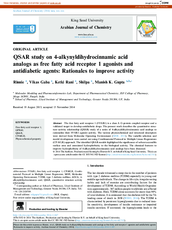 (PDF) QSAR study on 4-alkynyldihydrocinnamic acid analogs as free fatty ...