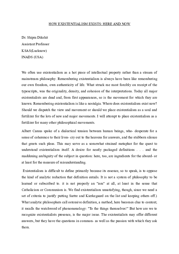 (DOC) HOW EXISTENTIALISM EXISTS: HERE AND NOW