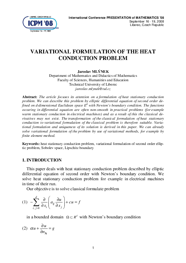 (PDF) Variational Formulation of the Heat Conduction Problem