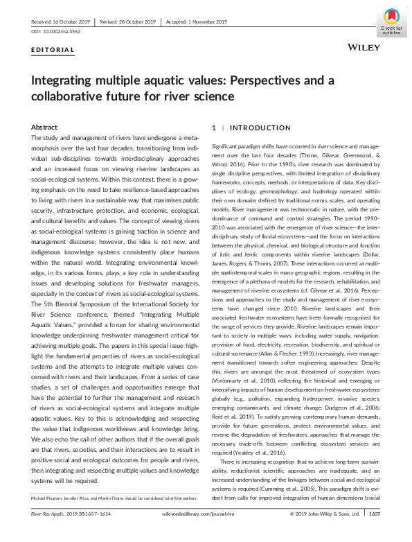 (PDF) Integrating multiple aquatic values: Perspectives and a ...