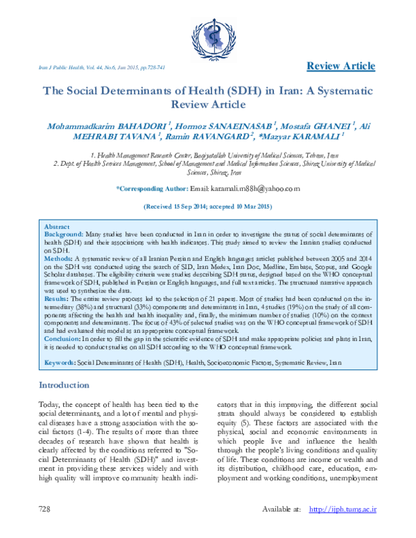 (PDF) The Social Determinants of Health (SDH) in Iran: A Systematic ...