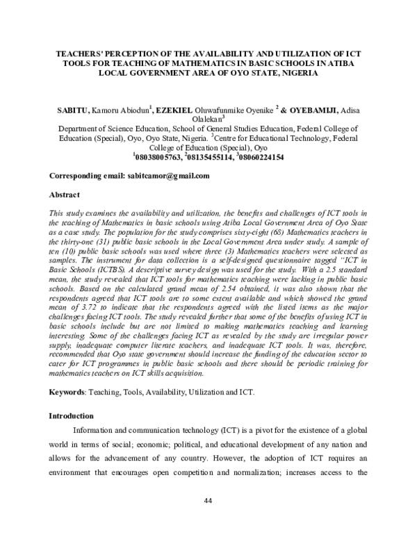(PDF) TEACHERS' PERCEPTION OF THE AVAILABILITY AND UTILIZATION OF ICT ...