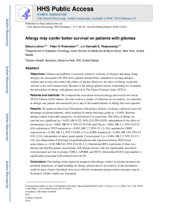 (PDF) Allergy may confer better survival on patients with gliomas ...