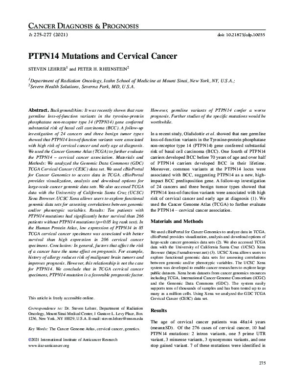 (PDF) PTPN14 Mutations and Cervical Cancer