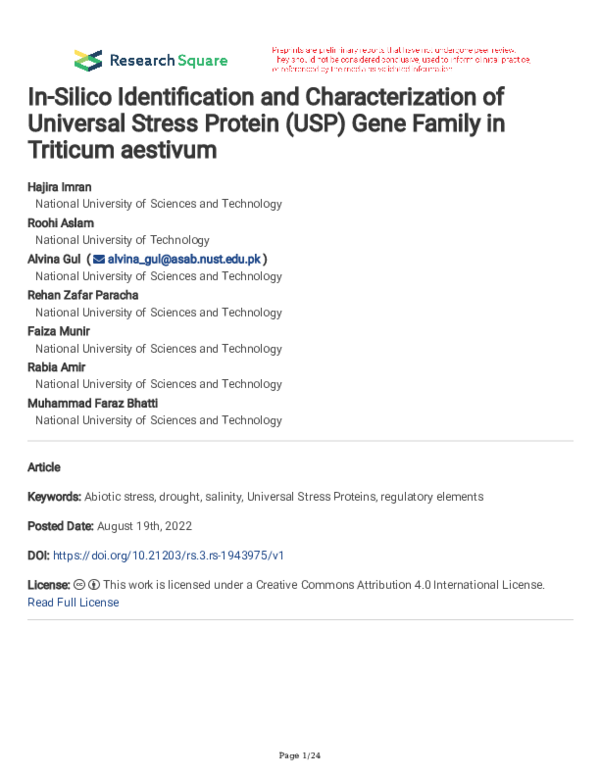 (PDF) In-Silico Identification and Characterization of Universal Stress ...