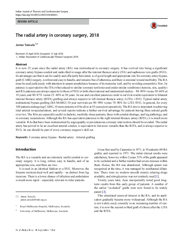 (PDF) The radial artery in coronary surgery, 2018 | James Tatoulis ...