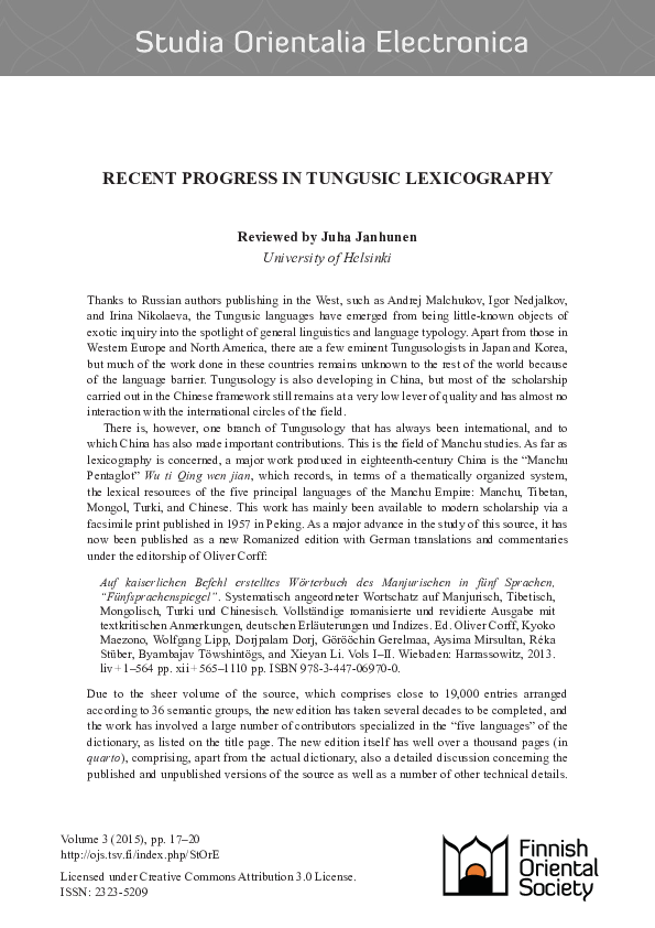 (PDF) Recent progress in Tungusic lexicography