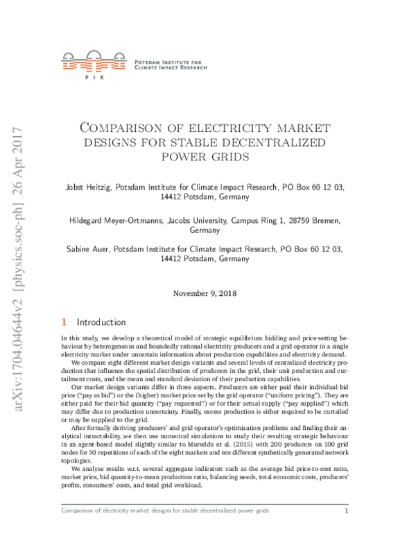 (PDF) Comparison of electricity market designs for stable decentralized ...