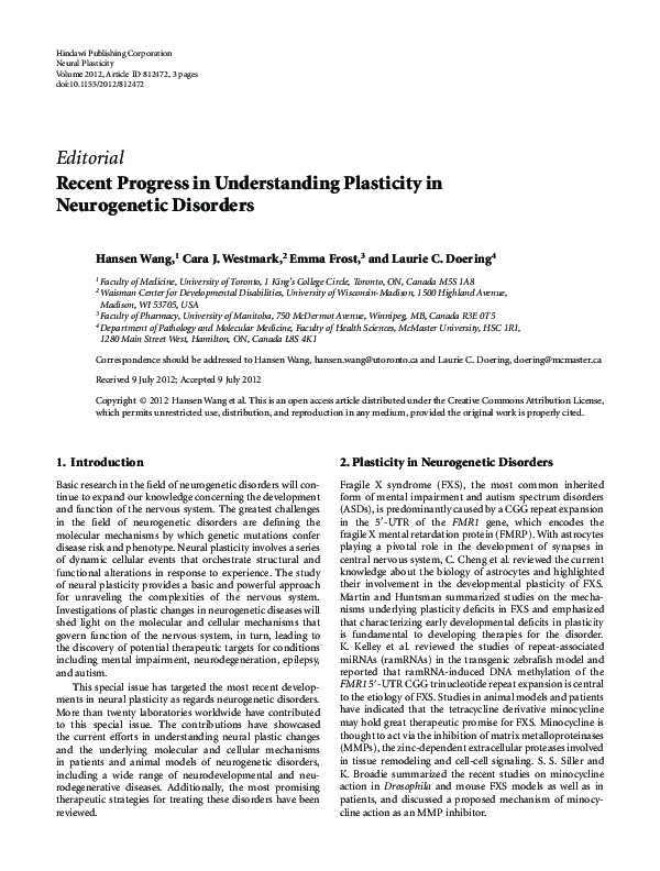 (PDF) Recent Progress in Understanding Plasticity in Neurogenetic Disorders