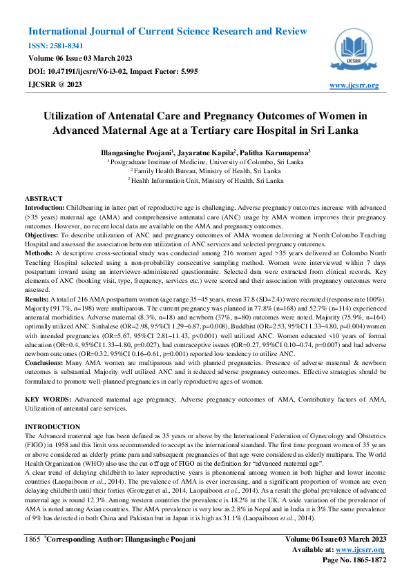 (PDF) Utilization of Antenatal Care and Pregnancy Outcomes of Women in ...