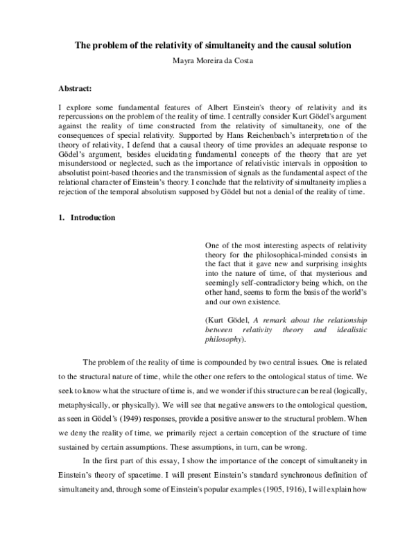 (PDF) The problem of the relativity of simultaneity and the causal solution