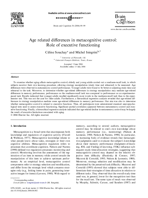 (PDF) Age related differences in metacognitive control: Role of ...