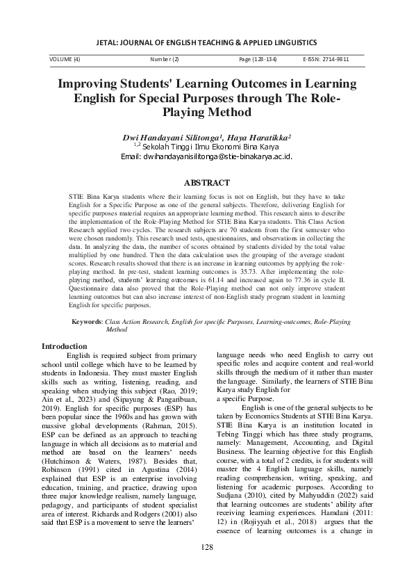(PDF) Improving Students' Learning Outcomes in Learning English for ...