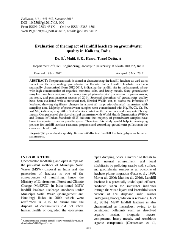 (PDF) Evaluation of the Impact of Landfill Leachate on Groundwater ...