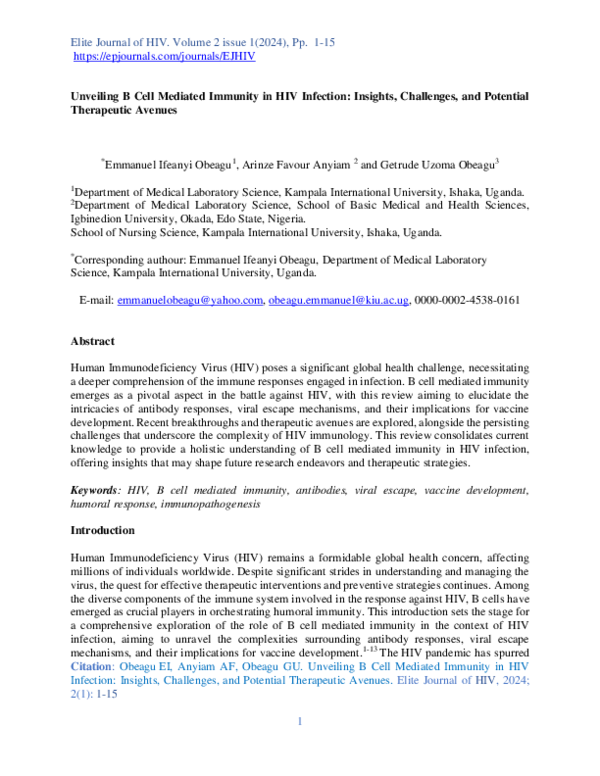 (PDF) Unveiling B Cell Mediated Immunity in HIV Infection: Insights ...
