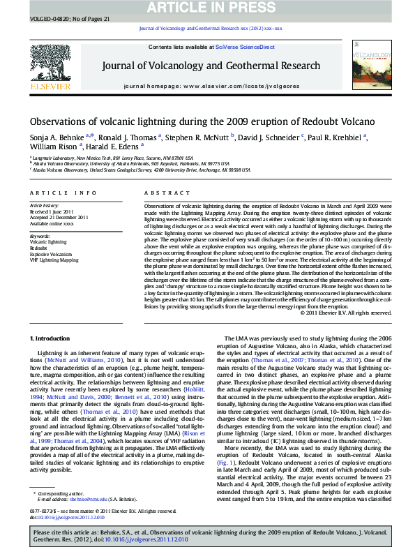 (PDF) Observations of volcanic lightning during the 2009 eruption of ...