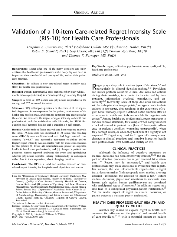 (PDF) Validation of a 10-item Care-related Regret Intensity Scale (RIS ...