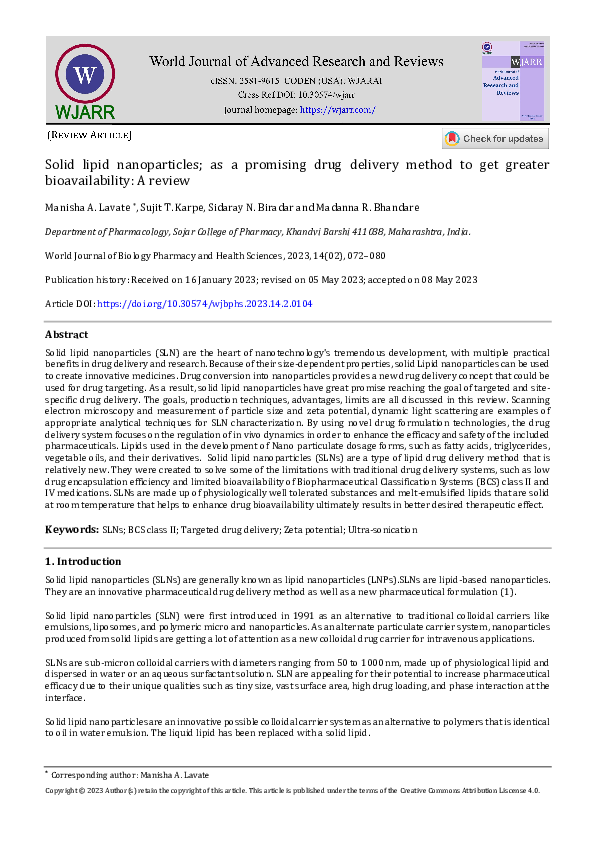 (PDF) Solid lipid nanoparticles; as a promising drug delivery method to ...