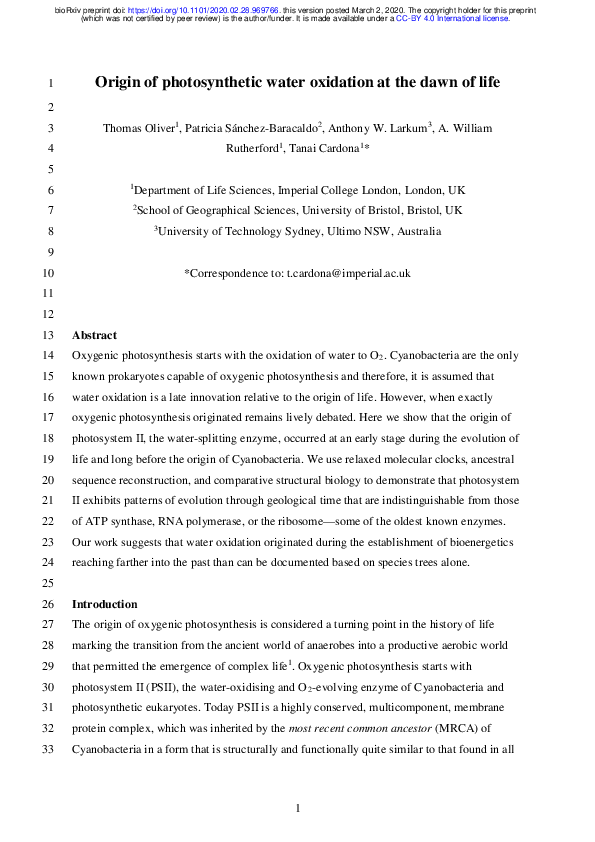 (PDF) Origin of photosynthetic water oxidation at the dawn of life