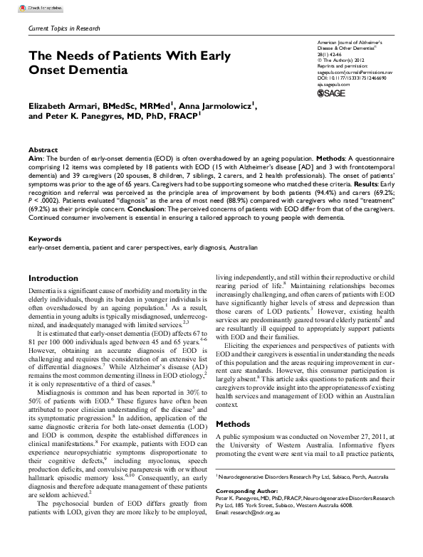 (PDF) The Needs of Patients With Early Onset Dementia