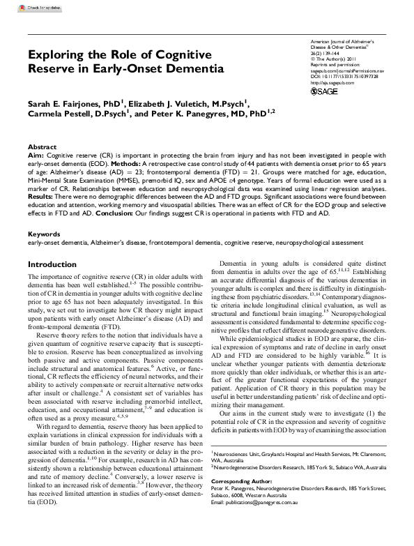 (PDF) Exploring the Role of Cognitive Reserve in Early-Onset Dementia