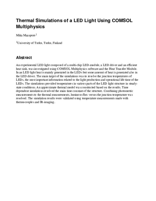 (PDF) Thermal Simulations of a LED Light Using COMSOL Multiphysics