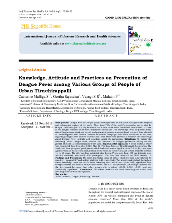 (PDF) Knowledge, Attitude and Practices on Prevention of Dengue Fever ...