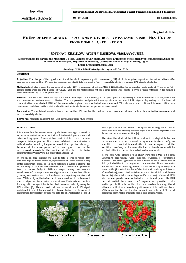 (PDF) THE USE OF EPR SIGNALS OF PLANTS AS BIOINDICATIVE PARAMETERSIN ...