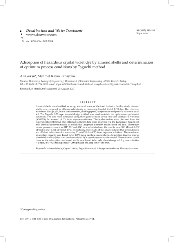 (PDF) Adsorption of hazardous crystal violet dye by almond shells and