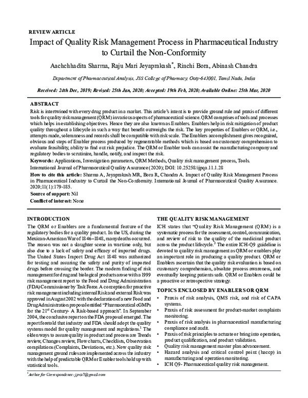 (PDF) Impact of Quality Risk Management Process in Pharmaceutical ...