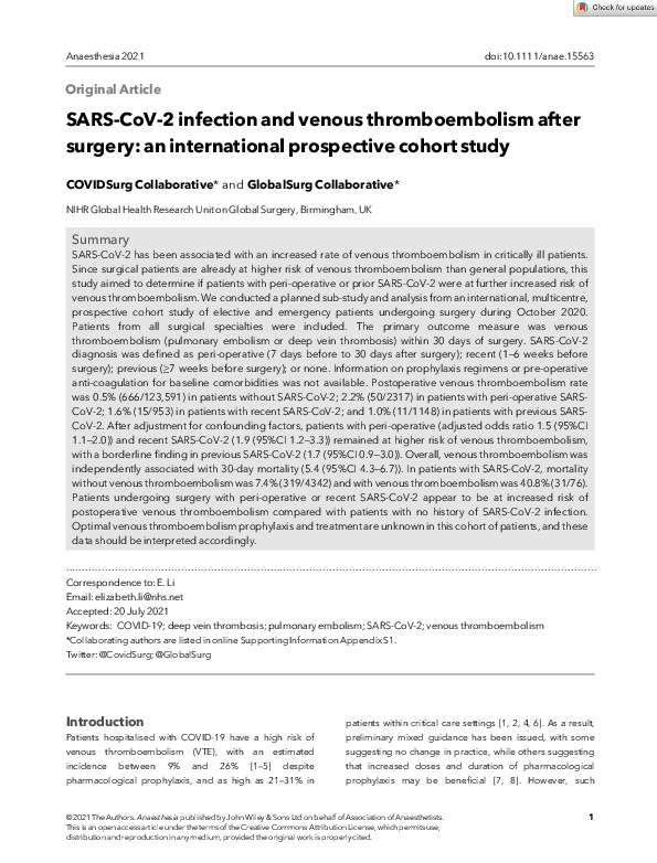(PDF) SARS‐CoV‐2 infection and venous thromboembolism after surgery: an ...