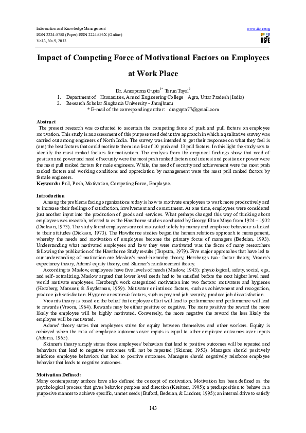 (PDF) Impact of Competing Force of Motivational Factors on Employees at ...
