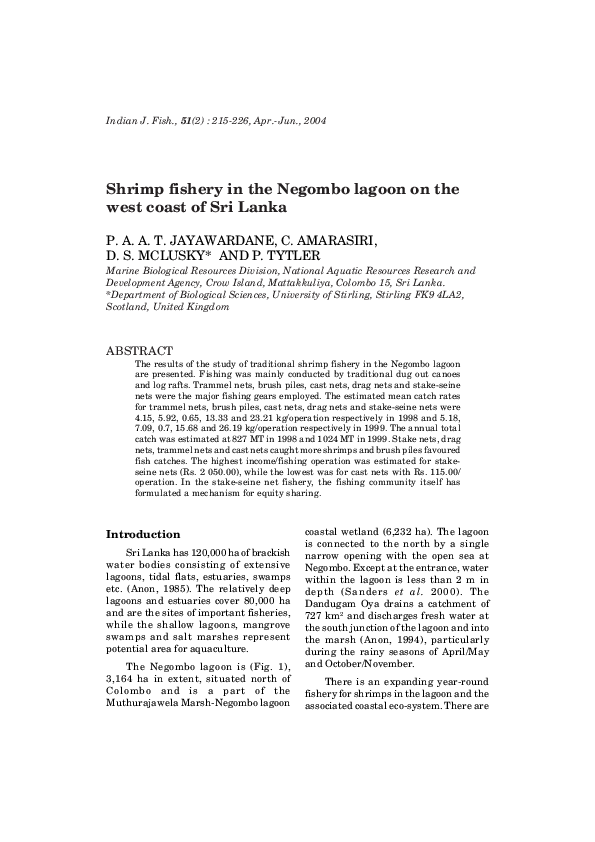 (PDF) Shrimp fishery in the Negombo lagoon on the west coast of Sri Lanka