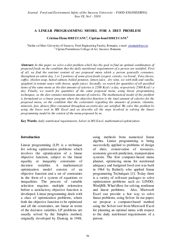 (PDF) A Linear Programming Model for a Diet Problem