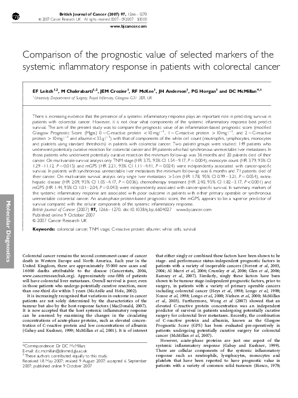 (PDF) Comparison of the prognostic value of selected markers of the ...