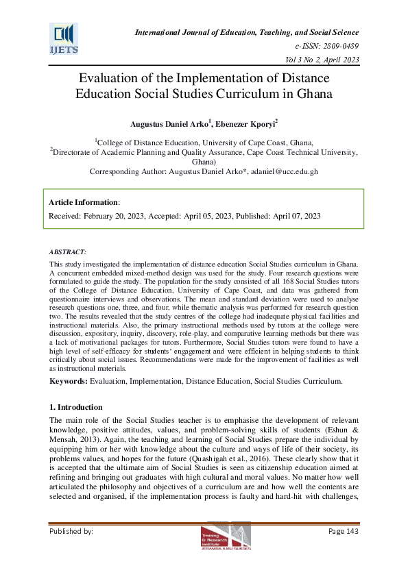 (PDF) Evaluation of the Implementation of Distance Education Social ...