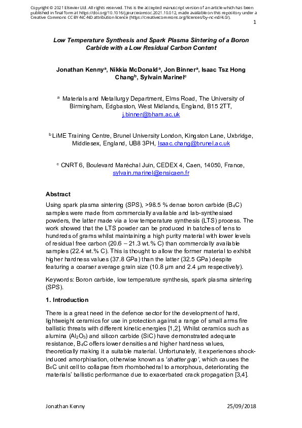 (PDF) Low temperature synthesis and spark plasma sintering of a boron ...