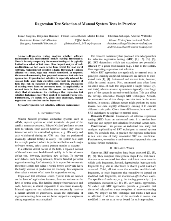 (PDF) Regression Test Selection of Manual System Tests in Practice