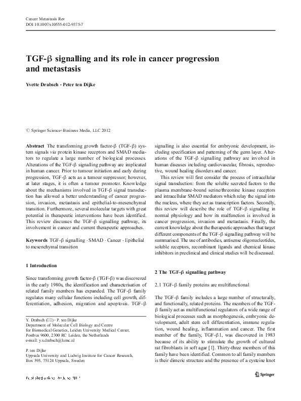 (PDF) TGF-β Signalling and Its Role in Cancer Progression and Metastasis