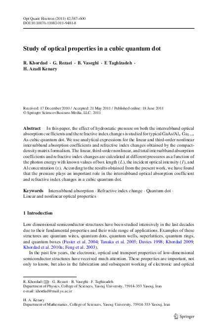 (PDF) Study of optical properties in a cubic quantum dot