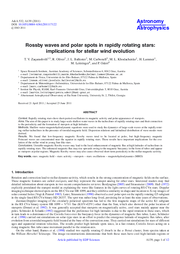 (PDF) Rossby waves and polar spots in rapidly rotating stars ...
