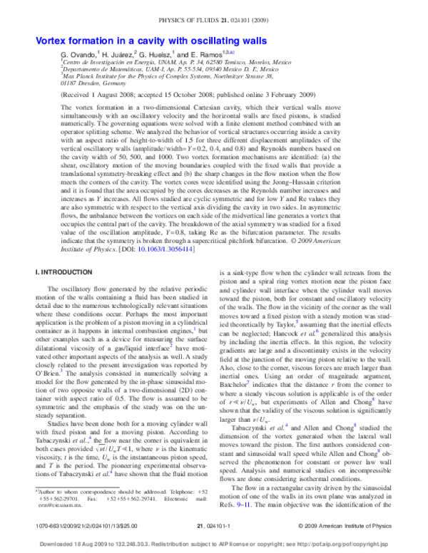 (PDF) Vortex formation in a cavity with oscillating walls
