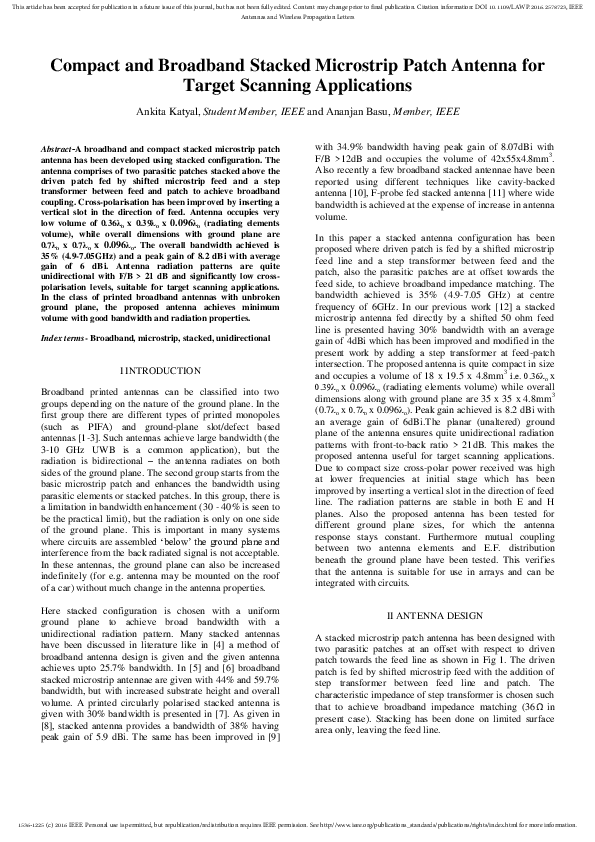 Compact and Broadband Stacked Microstrip Patch Antenna for Target Scanning Applications